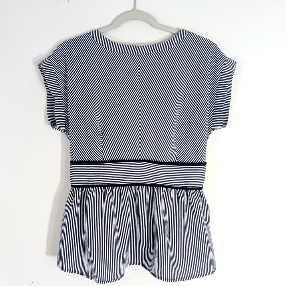 Monteau Blue White Striped Peplum Blouse; Short Sleeve Elastic Waist Top